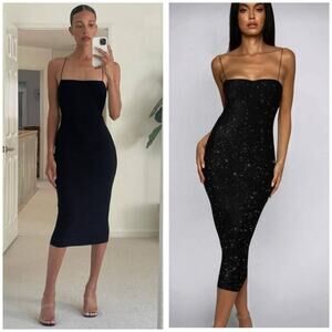 Meshki Jalia Shimmer Midi Dress Size Small Black Sparkle Knit Stretch Bodycon